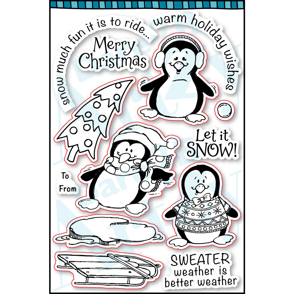 Use these fun little penguins individually or line them up, holding flippers. We've included two rounded sentiments that make the perfect combo with one of the penguins for a snow globe card. The "To From" fits in the belly of two of them for cute tags. This whimsical clear stamp is by Dare 2B Artzy.