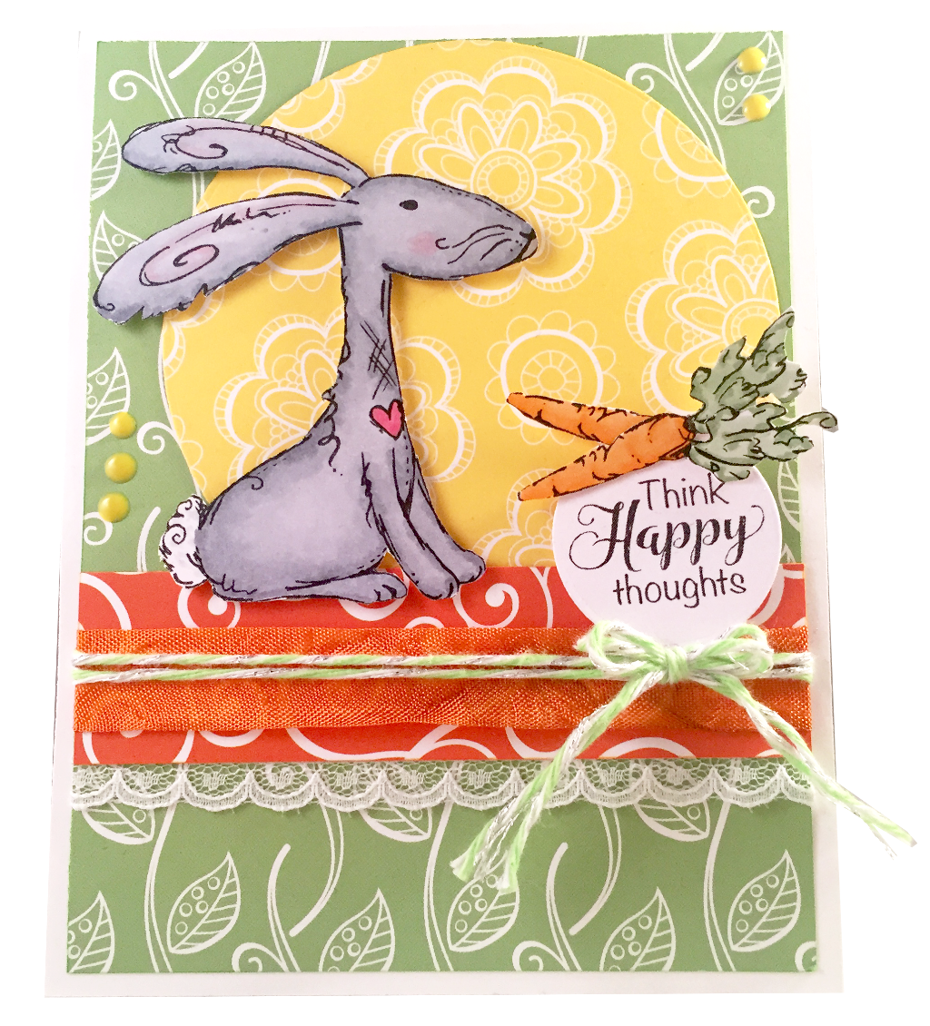 You'll be thinking happy thoughts with this adorable raggity rabbit and basket of flowers. Send a card for Easter or just to bring a smile to someone close to you. Lots of different stamps to create lots of different cards. By Dare 2B Artzy. 