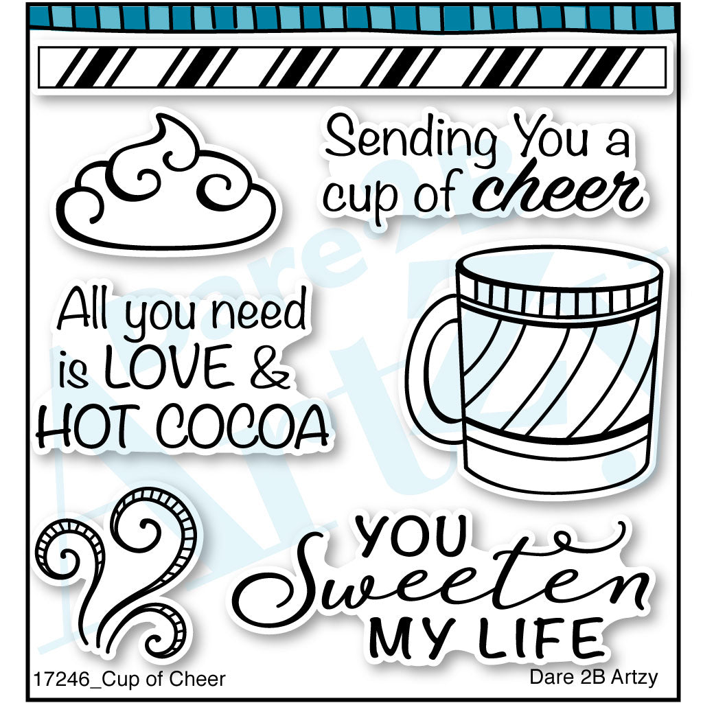 This clear stamp set is perfect for the hot chocolate lover. Stamp the striped border in red for a touch of peppermint.  The die that matches this set cuts out the mug, steam and whipped topping. By Dare 2B Artzy.