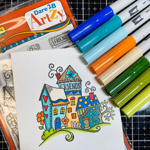 These whimsical clear stamp villages can be used together or separately to create beautiful cards. You will have so much fun coloring all the little details.  We have included plenty of sentiments for lots of options. Made by Dare 2B Artzy.