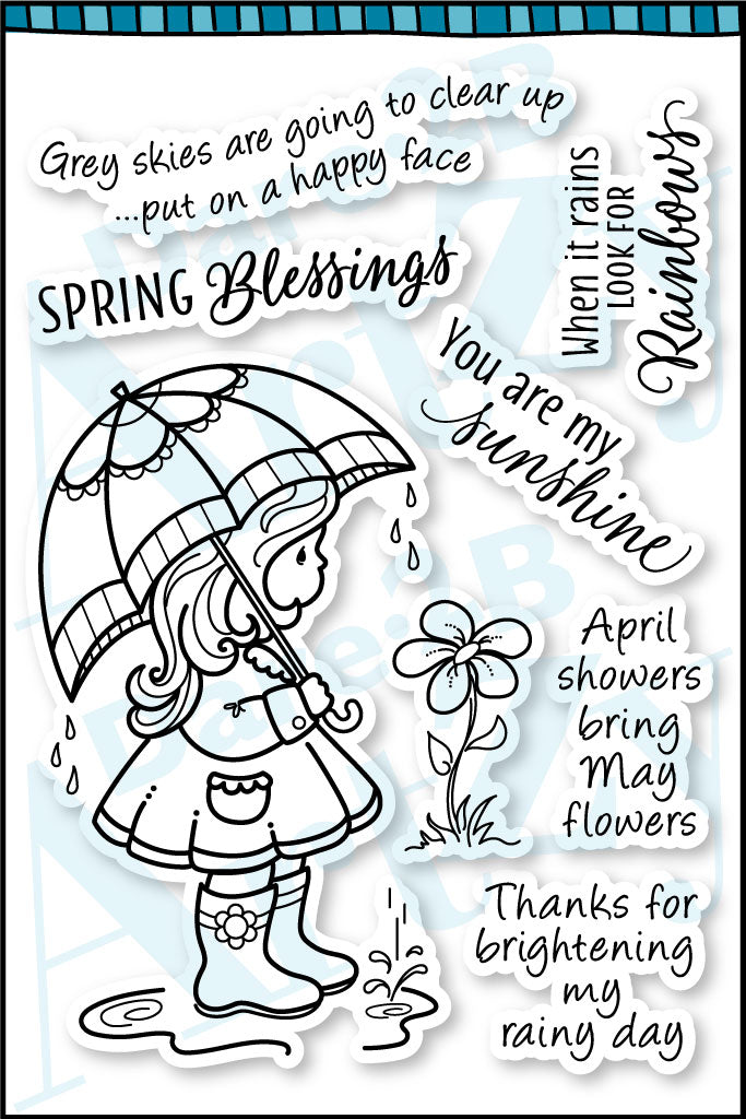Grab your umbrella and put on your rain boots--this set is perfect for your spring card making and scrapbooking. Pairs great with our Summertime Petals paper line, especially the one with umbrellas as a background. By Dare 2B Artzy.