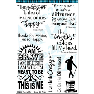 Stamp set with sentiments inspired from the film "The Greatest Showman". This collection of inspiring thoughts from P.T. Barnum would be perfect for recent graduates or anyone daring to live their dreams. Sentiments include, "The brightest colors fill my head" and "The noblest art is that of making others happy".