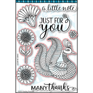Clear stamp set used for card making and scrapbooking with a peacock and four different flowers. Sentiments include, "a little note" and "many thanks".  Coordinates with the die cut, "Paisley Peacock" from Dare 2B Artzy.