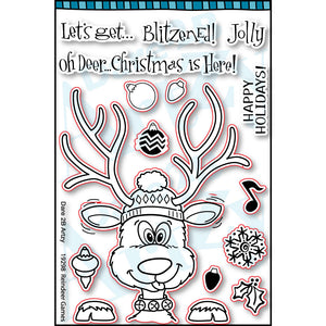 Clear stamp set with a silly reindeer and fun holiday sayings such as, "Oh deer...Christmas is here" and "Let's get...Blitzened". Coordinates with the die cut, "Reindeer Games" from Dare 2B Artzy.