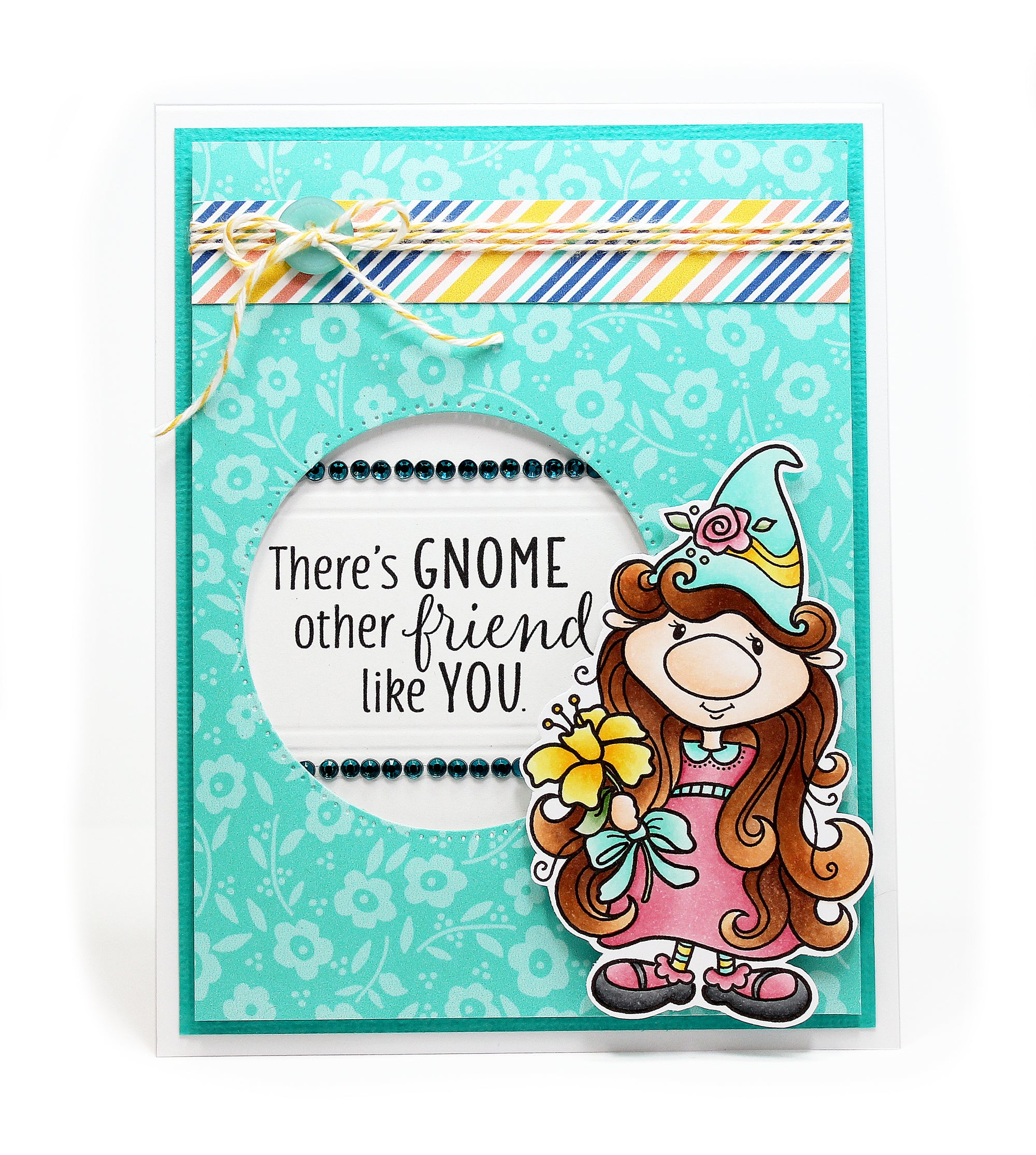 Handmade card with a feminine gnome with a bouquet of flowers with the sentiment, "There's gnome other friend like you".  Uses the stamp set and die cut, "Flower Gnome" from Dare 2B Artzy. 