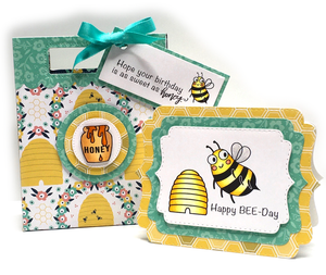 Handmade card and little bag with bees and hone on them.  Sentiments include, "Happy Bee-day" and other birthday sentiments.  Uses stamp set and die, "Buzzy Beez" from Dare 2B Artzy.