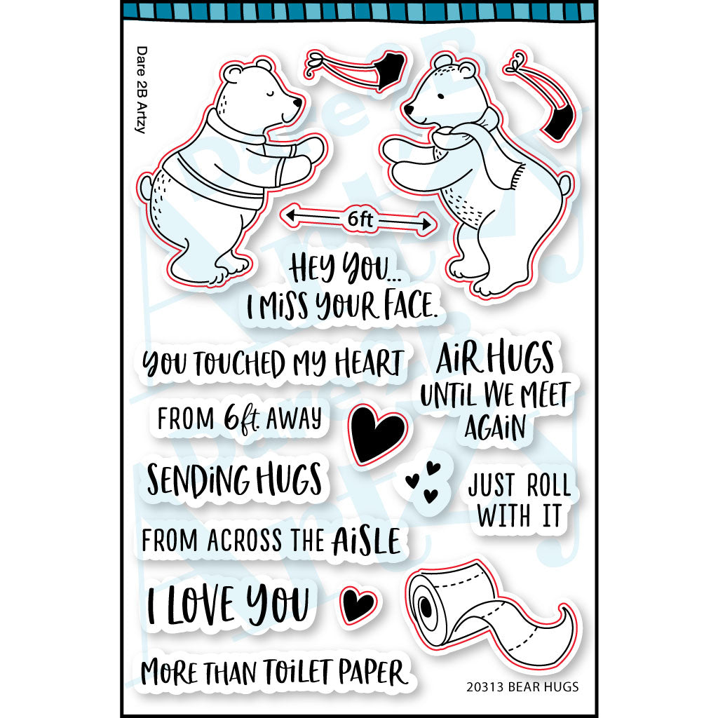 Clear stamp set with two bears reaching for hugs and sentiments that relate to being socially distanced. Sentiments include, "Air hugs until we meet again" and "Sending hugs from 6ft away". Coordinates with the die cut, "Bear hug" from Dare 2B Artzy.