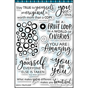 Clear stamp set with a circle pattern that resembles fruit loops and fun sentiments for encouraging cards.  Sentiments include, "Be a Fruit Loop in a world full of Cheerios" and "You got this".  