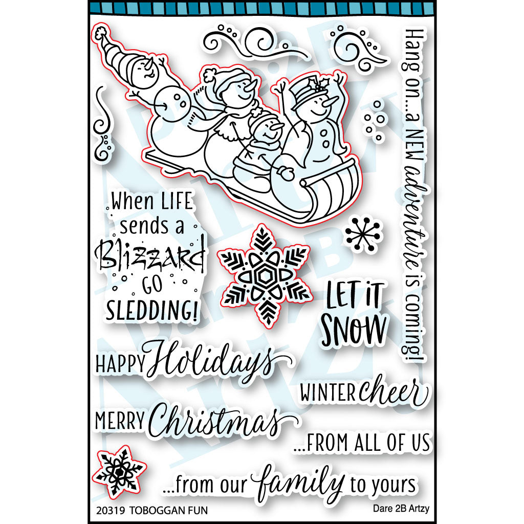 Clear stamp set used to make holiday cards.  Images of a snowman family on a sled and various snowflakes.  Sentiments include, "When life sends a blizzard...go sledding" and Let it snow".  Coordinates with the stamp set, "Toboggan Fun" from Dare 2B Artzy.