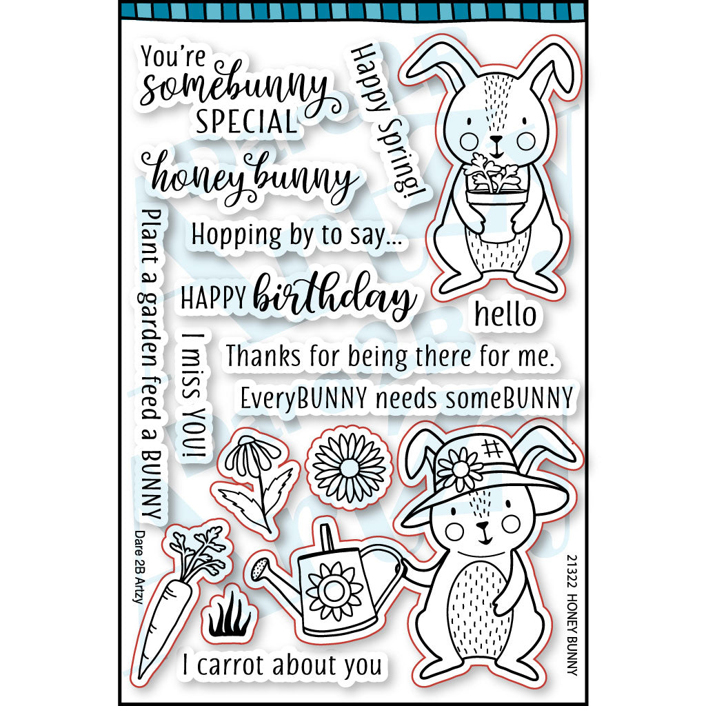 Clear stamp set to make spring cards.  Images include two adorable bunnies that are gardening, flowers and a carrot.  Sentiments include,"You're somebunny special" and "Plant a garden, feed a bunny".  Coordinates with the die, "Honey Bunny" from Dare 2B Artzy.
