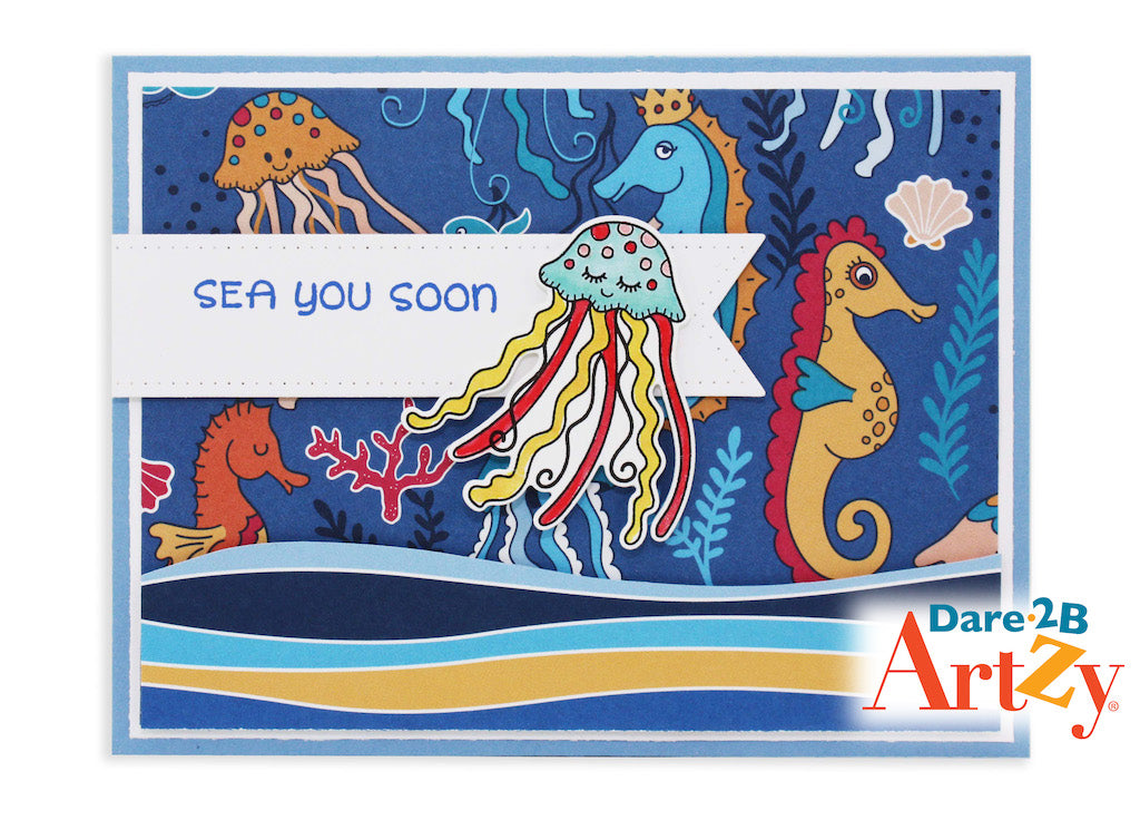 Handmade Card using the stamp set and die "Jellyfish" from Dare 2B Artzy. Card features a jellyfish with the sentiment "Sea you soon".