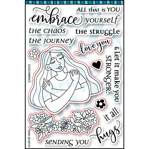 Embrace clear stamp is used to send uplifting cards about embracing yourself as you are.  Stamp set includes a beautiful image of a women giving herself a hug with sentiments to  encourage  a friend or family.