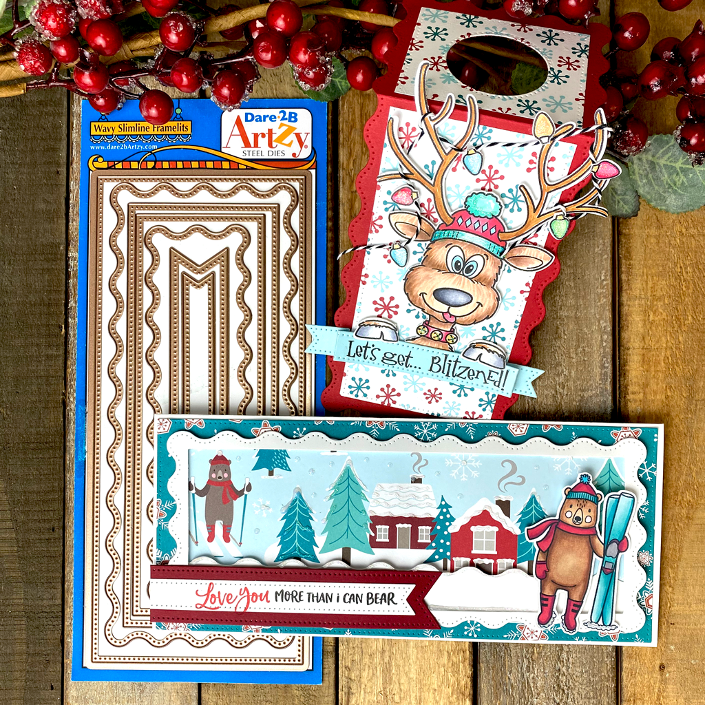 Two handmade samples of cards using the die, "Wavy Slimline Framelits" from Dare 2B Artzy. Both cards are holiday cards, one with a reindeer and the word "Let's get...Blitzend" and the other has a bear holding skis.