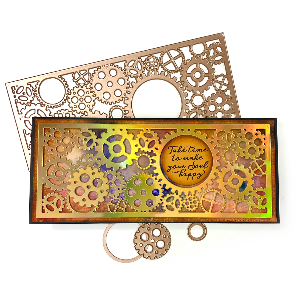 Get artzy with your next project using this unique gears die.  They are sized to create beautiful layers on a 8.5" x 3.75" slimline style card that fits in a #10 envelope.  You will get 5 dies.  The largest frame is cuts a rectangle that is 8-3/8" x 3-5/8" with a fresh dot pattern for a finished look.  The large die with the gears is 8"x3-1/4".  You will get a 1-1/2" mini gear with a frame around it and a tiny mini circle. 