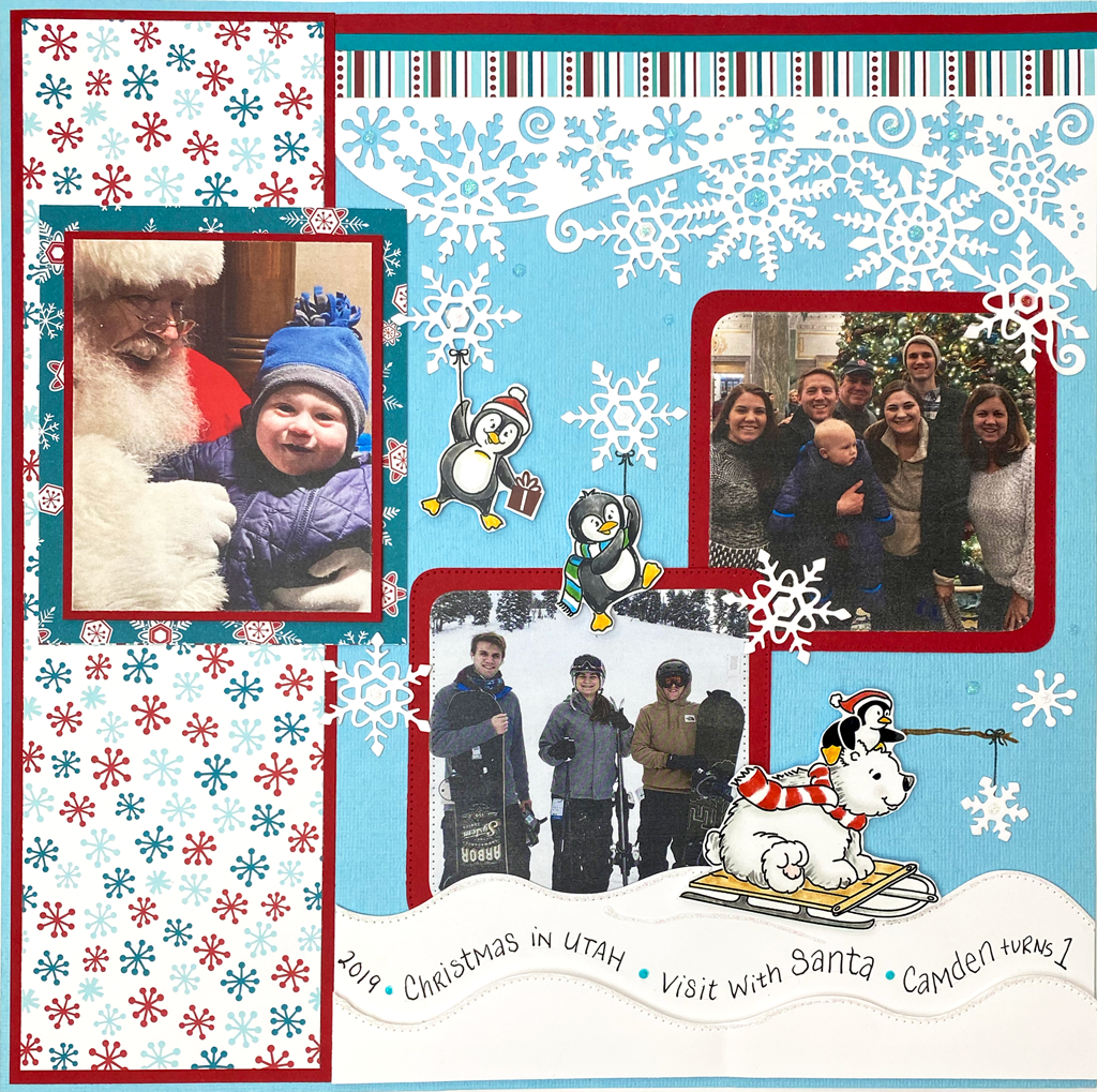 Handmade scrapbook layout using the die "Slimline Snowflake".  Holiday scrapbook layout with two penguins and a polar bear on a sled.