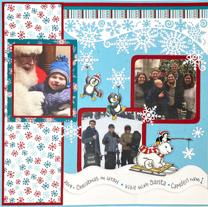 Handmade scrapbook layout using the die "Slimline Snowflake".  Holiday scrapbook layout with two penguins and a polar bear on a sled.