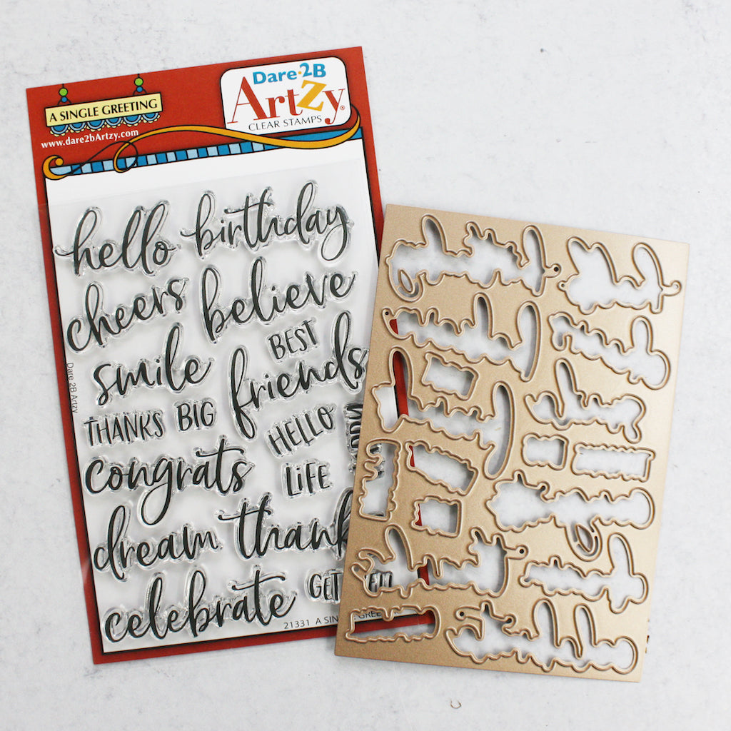 Steel die and stamp set used to cut out words for card making. Words used for greeting cards include, "hello" "birthday" and "congrats" as long as many others.