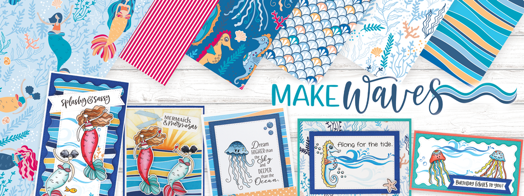 Make Waves collection contains mermaids, jelly fish and sea horses.  This collections has scrapbook paper, three clear stamp sets and dies to cut images from both the stamps and papers. 