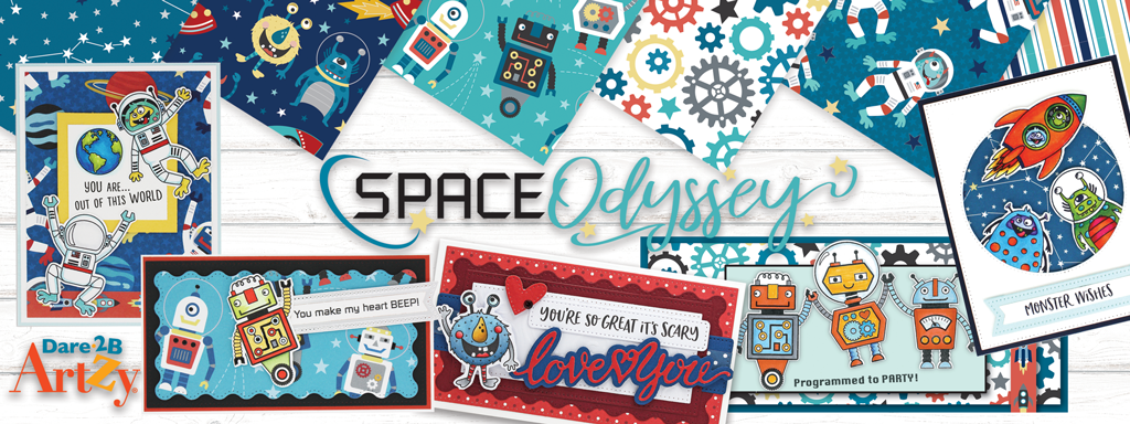 Space Odyssey collection includes three stamp sets with adorable monsters, robots and astronauts. The dies cut the stamped images and many of the images out of the scrapbook paper.