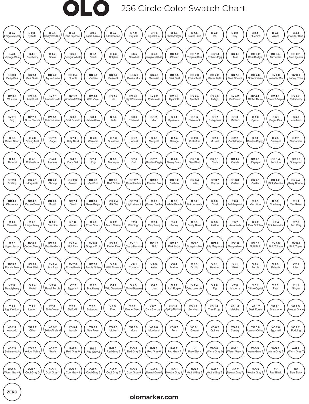 OLO 256 Color Circle Swatch Chart