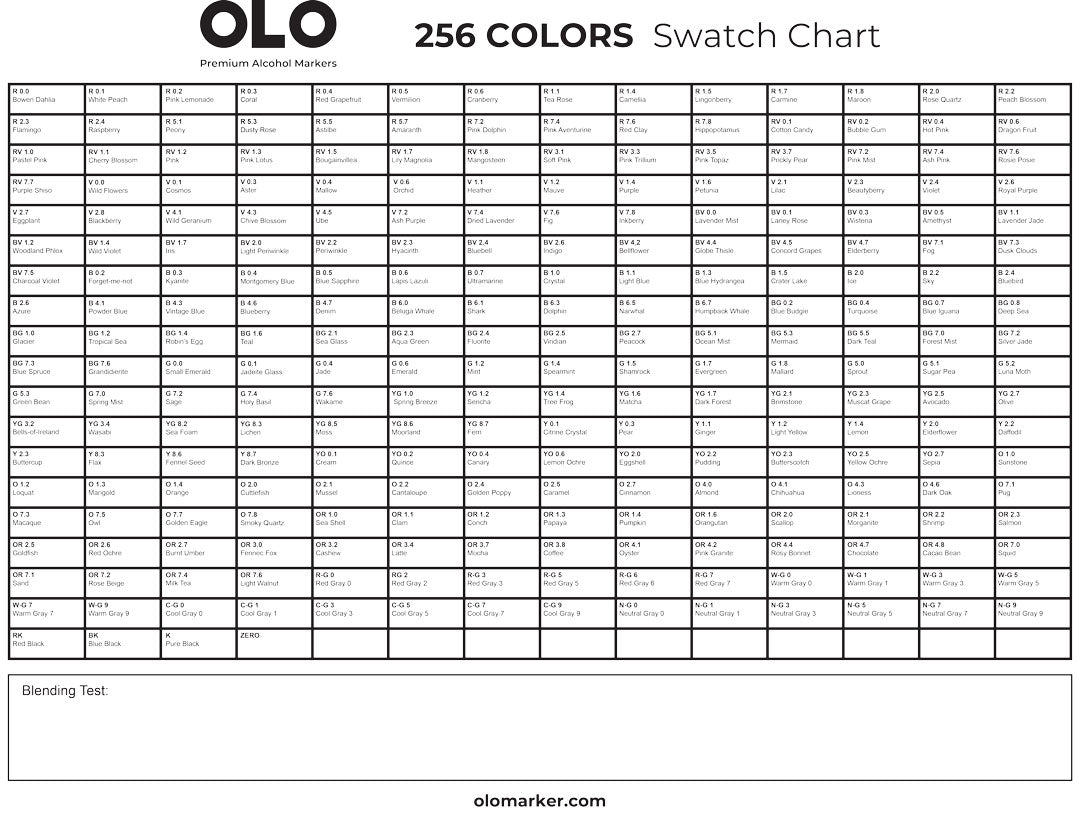 OLO 256 Color Box Swatch Chart With Blending Box