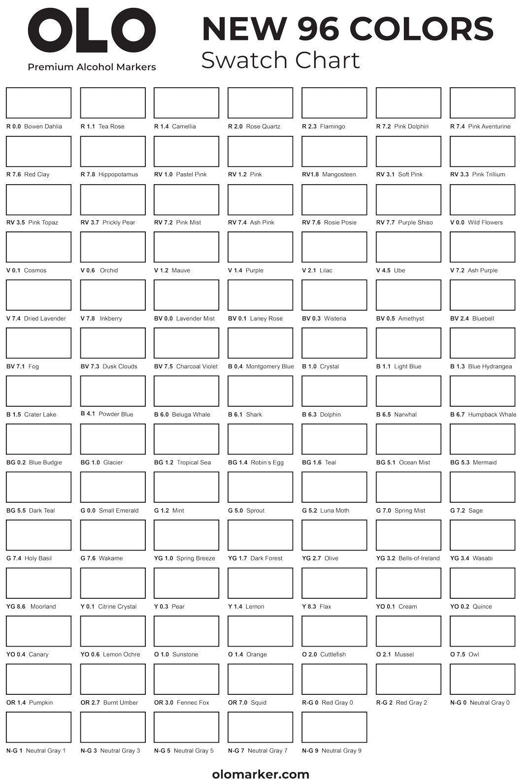 OLO 96 NEW Colors for 2026 Swatch Chart