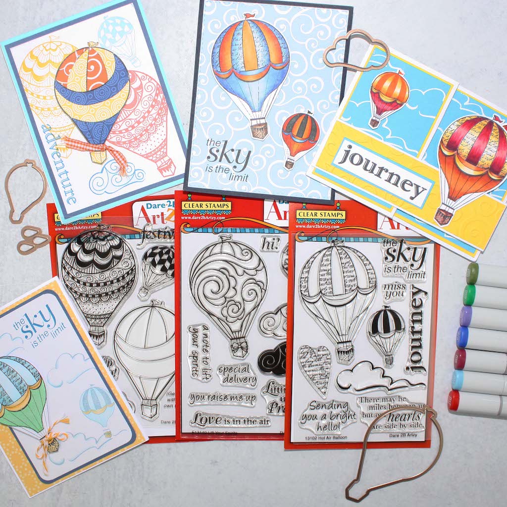 Soar with these hot air balloon stamp sets by dare 2b artzy. These clear stamps coordinate with the same die! 