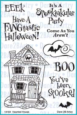 BOO!  It is time for Halloween and you will love this haunted house. This 9 piece clear stamp set would be perfect for a card or treat bag by Dare 2B Artzy. 