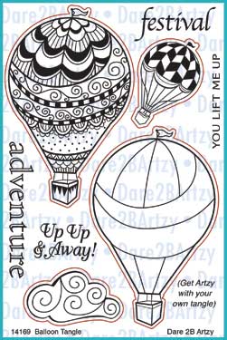 These zentangle inspired balloons will be beautiful on your next paper craft project. This hot balloon clear stamp set is made by Dare 2B Artzy. 