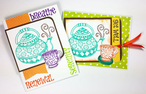 Handmade tea set card using the Serenity tea clear stamps made by Dare 2B Artzy.