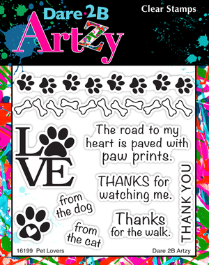 Animal Lovers Collection! Our pets are part of our family so why not let them send a card to our loving pet sitters.  Two fun border stamps are a fun addition to any card or scrapbook page.  Pair this Dare 2B Artzy set with your favorite dog or cat sets.