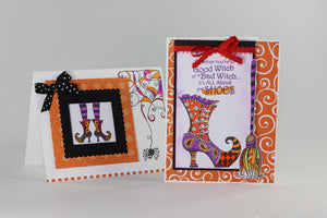 You will have fun with the die, see the coordinating stamp sets to make the perfect card, invitation or scrapbook layout. This clear stamp set that includes a broom stick makes a fun border and has great spooky accents. Made by Dare 2B Artzy.