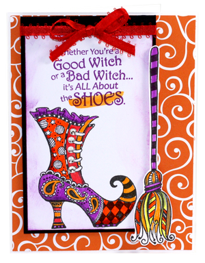 You will have fun coloring this in to make the perfect card, invitation or scrapbook layout. This clear stamp set that includes a broom stick makes a fun border and has great spooky accents. Made by Dare 2B Artzy.