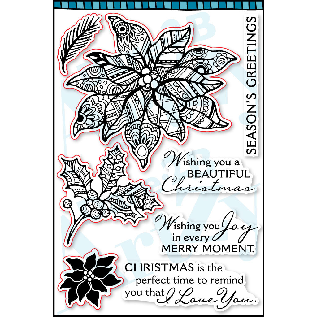 How about a Zentangle inspired poinsettia for your Christmas collection?  This clear stamp set makes a beautiful Christmas card and includes four sentiments to select from. By Dare 2B Artzy.