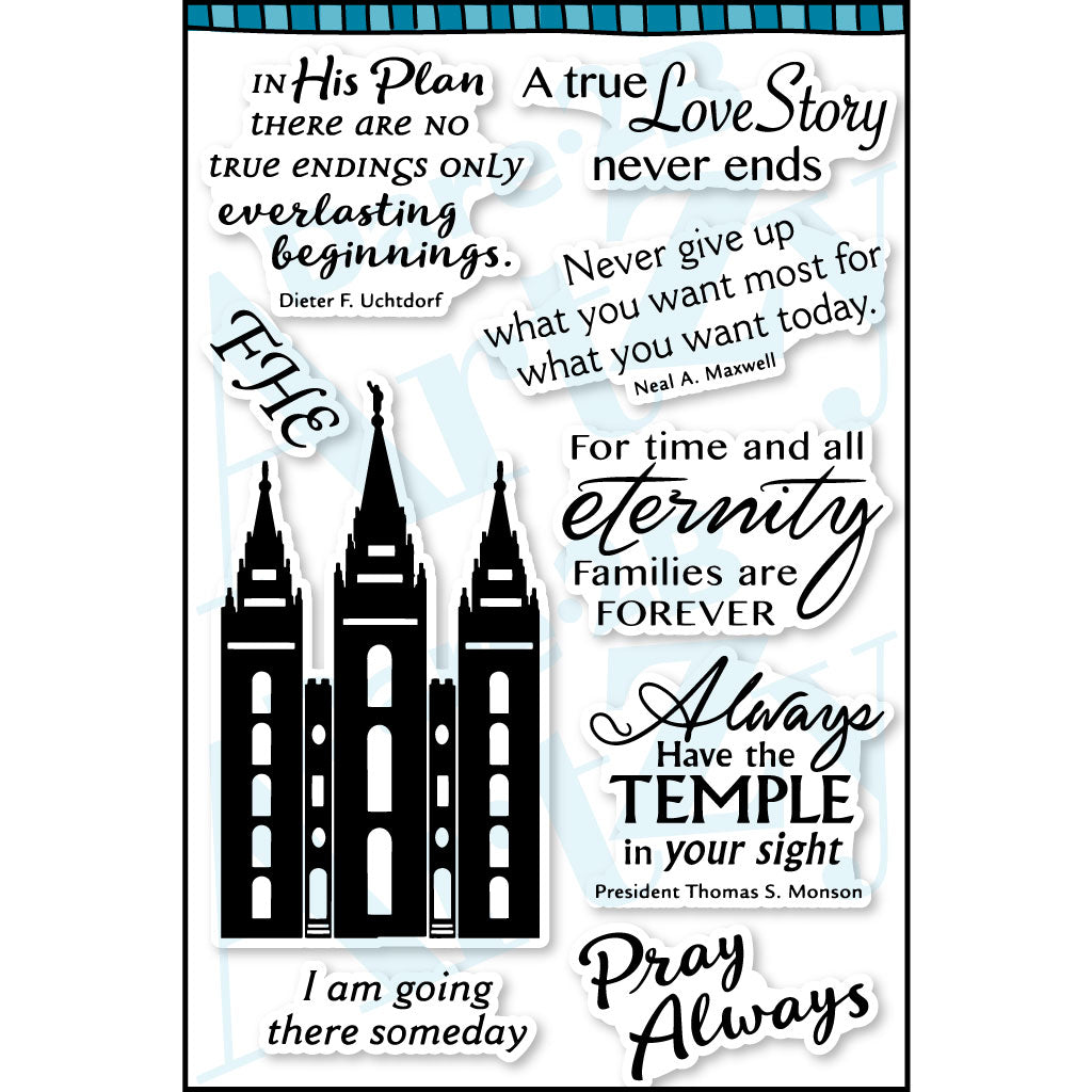 This clear stamp set includes many inspirational quotes and a silhouette of the LDS Temple in Salt Lake City.  Size of the stamp set is 4" x 6" with 9 stamps by Dare 2B Artzy.