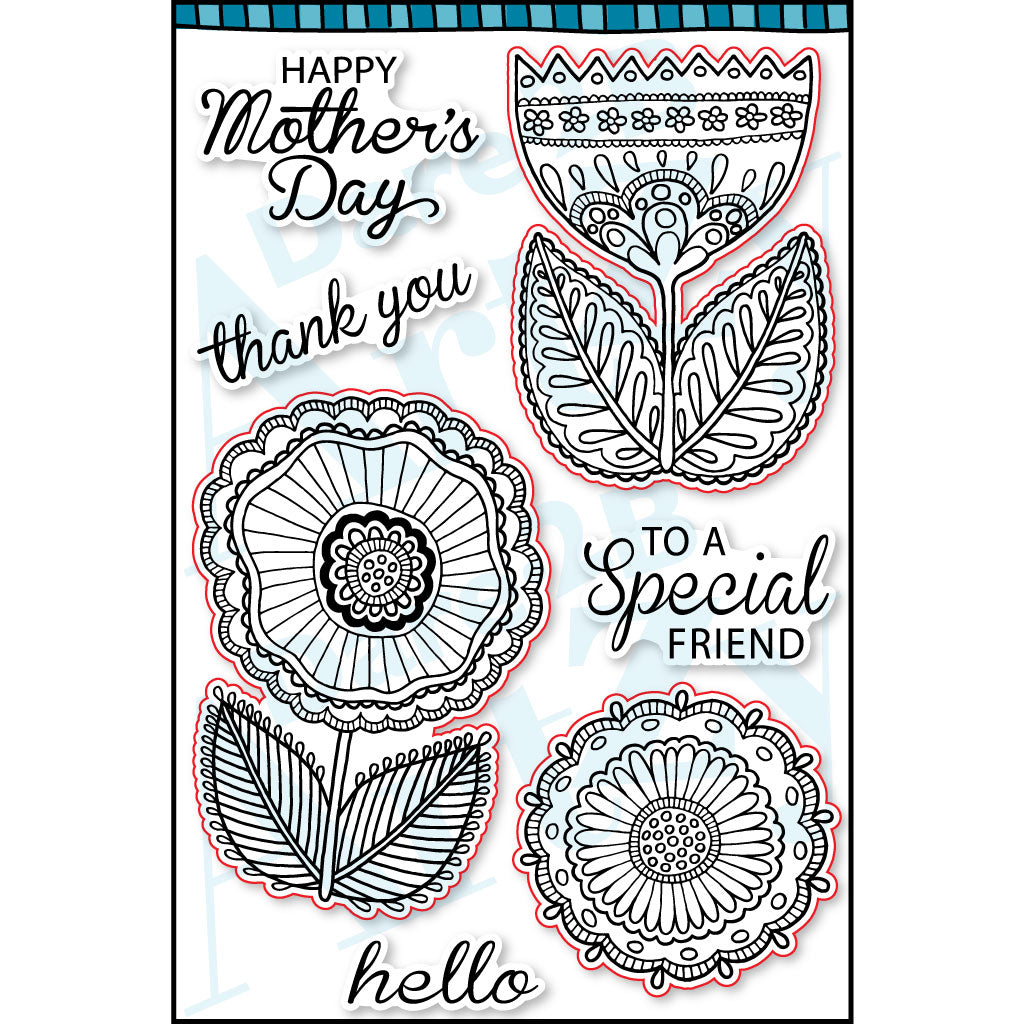 Send a card with a bouquet of stamped flowers for Mother's Day or any day. Three flowers with dies to match. These flowers also coordinate with a fun line of paper.  Collection by Andie Hanna. Produced by Dare 2B Artzy.