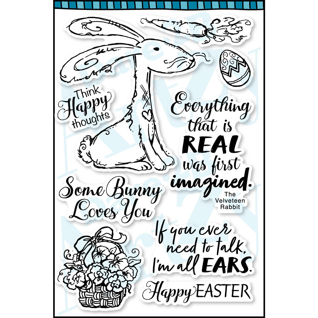 You'll be thinking happy thoughts with this adorable raggity rabbit and basket of flowers. Send a card for Easter or just to bring a smile to someone close to you. Lots of different stamps to create lots of different cards. By Dare 2B Artzy. 