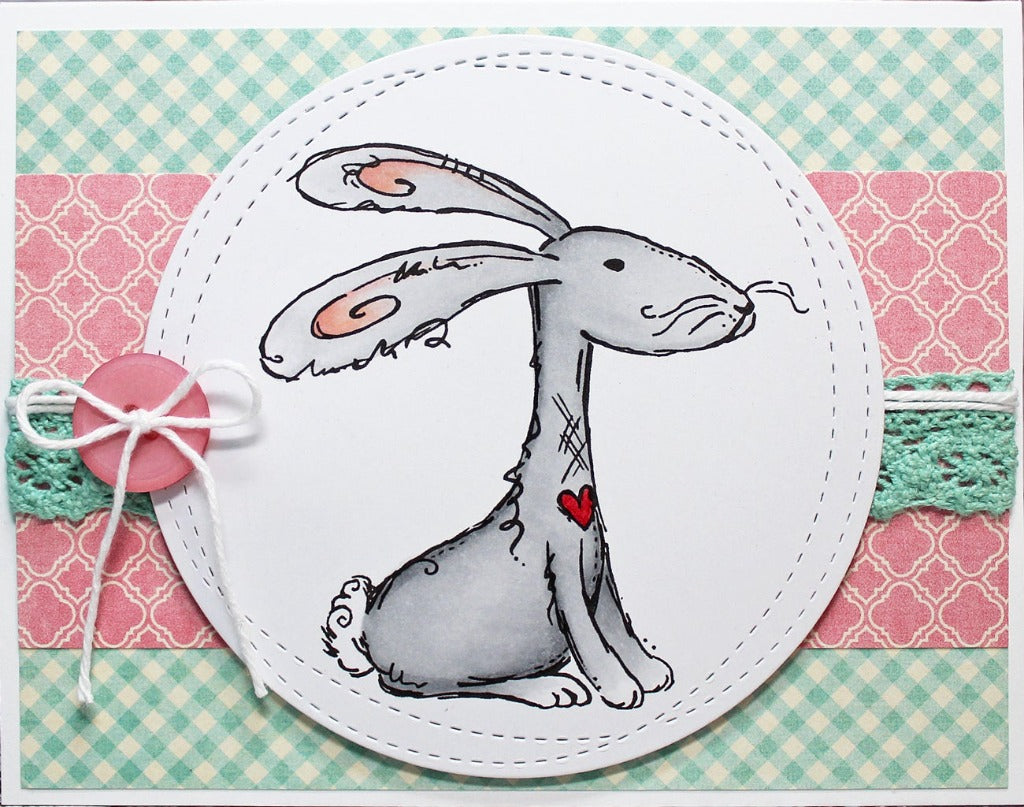 You'll be thinking happy thoughts with this adorable raggity rabbit and basket of flowers. Send a card for Easter or just to bring a smile to someone close to you. Lots of different stamps to create lots of different cards. By Dare 2B Artzy. 