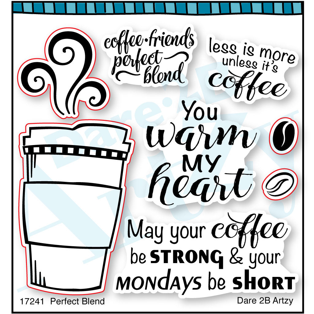 You will want to collect all 5 clear stamp sets and coordinating dies in this collection.  Full of fun coffee and cocoa sentiments to create some great cards.  The top two sentiments fit perfectly on the band around the cup.  The die that matches cuts out the cup, steam and coffee beans.  By Dare 2B Artzy.