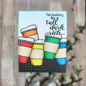 This clear stamp set is perfect for all coffee lovers. You will want to collect all 5 stamp sets and coordinating dies in this collection. Full of fun coffee and cocoa sentiments to create some great cards. By Dare 2B Artzy.