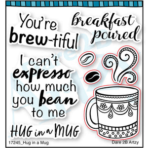 This clear stamp set will be a coffee lover's favorite. The die that matches this set cuts out the mug, steam and coffee beans. By Dare 2B Artzy.