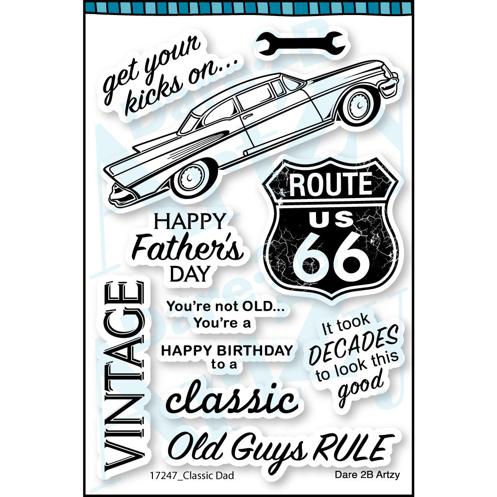 Get your kicks stamping with this fun clear stamp set and coordinating die! You can create classic cards and mixed media projects with a vintage look. Sentiments included will work great for Father's Day and birthdays! By Dare 2B Artzy.