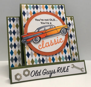 Get your kicks stamping with this fun clear stamp set and coordinating die! You can create classic cards and mixed media projects with a vintage look. Sentiments included will work great for Father's Day and birthdays! By Dare 2B Artzy.