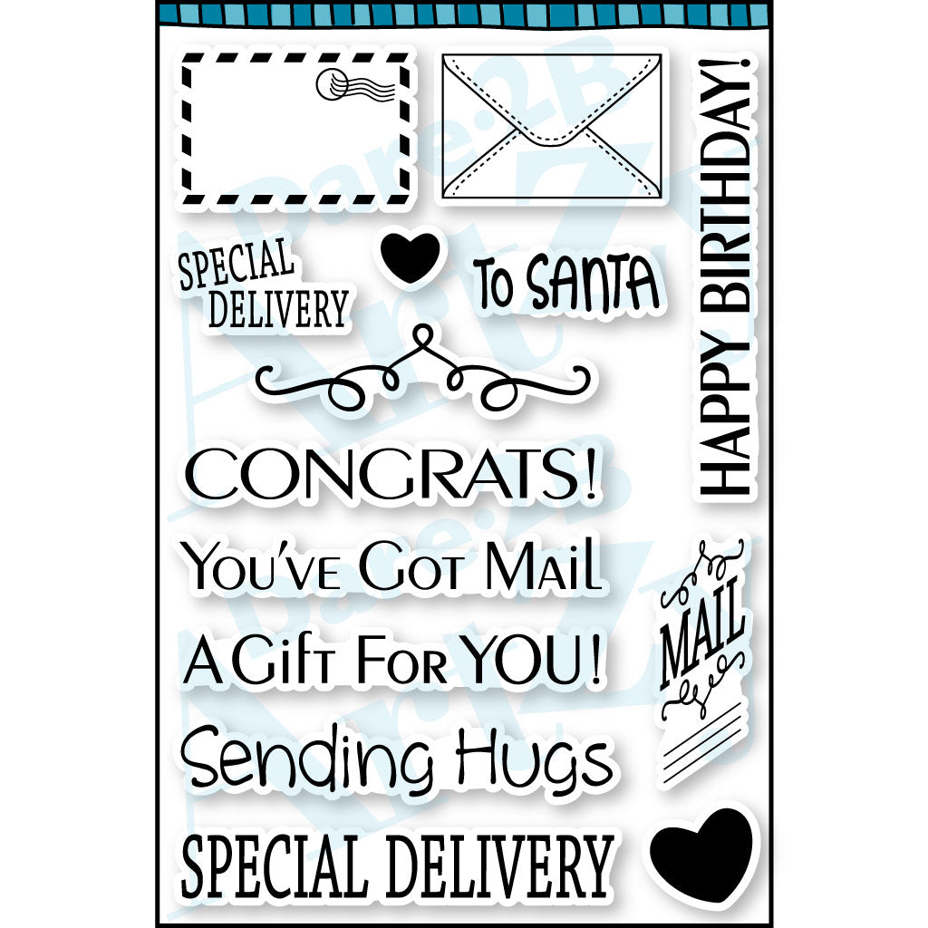A great clear stamp set with sentiments for all occasions. They are perfect when paired with our Mailbox Gift Card Holder die. The words will fit on the mailbox, and the little envelopes are meant to stamp on the mini envelope die. Stamp the "MAIL" on the door of the mailbox. By Dare 2B Artzy.