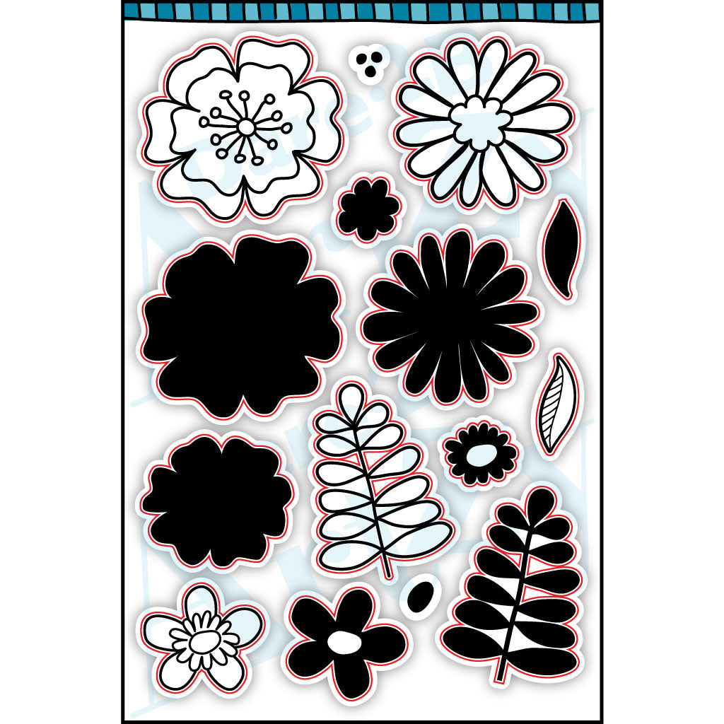 Flowers, flowers, and more flowers. Color in the outlined flowers or combine the solid and outlined flowers for a fun layered look. There are so many ways to use these flowers.  These clear stamp flowers also coordinate with our Fields of Joy paper line. By Dare 2B Artzy.