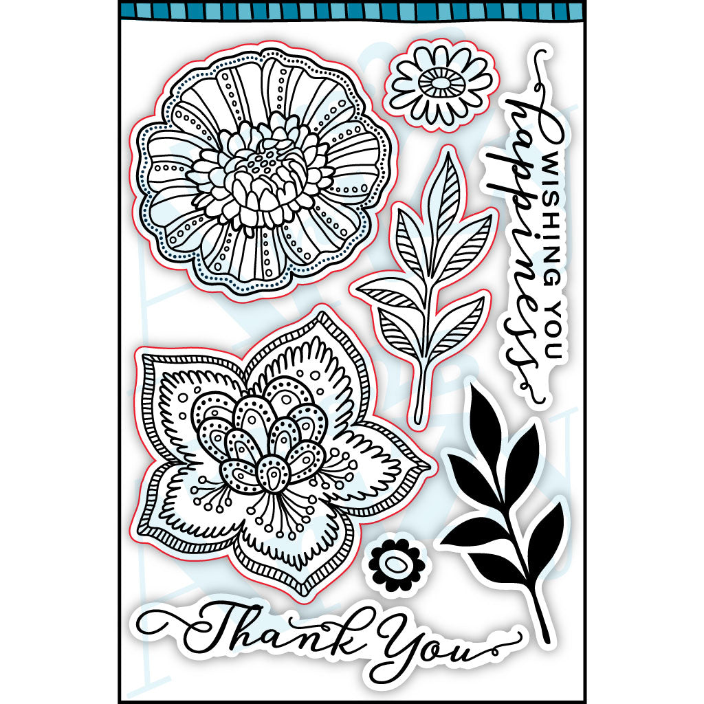 This clear stamp set includes two big flowers with a layered leaf stamp and two horizontal sentiments. These flowers are beautiful colored in, or you can stamp them with your favorite Dare 2B Artzy ink pads for a totally different look.  