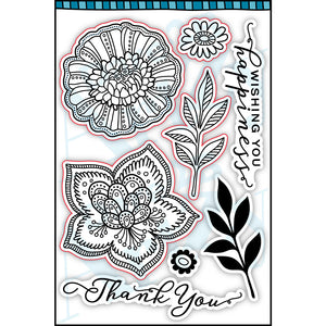 This clear stamp set includes two big flowers with a layered leaf stamp and two horizontal sentiments. These flowers are beautiful colored in, or you can stamp them with your favorite Dare 2B Artzy ink pads for a totally different look.  