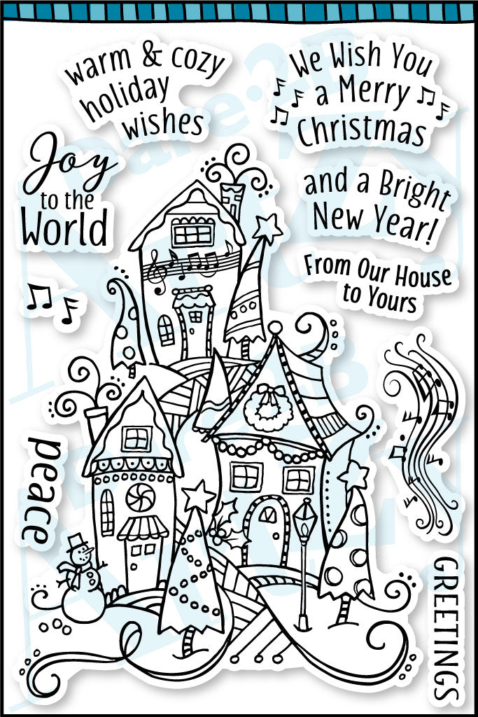 This whimsical stamp village makes a beautiful holiday card.  You will have so much fun coloring all the little details.  Made by Dare 2B Artzy. 