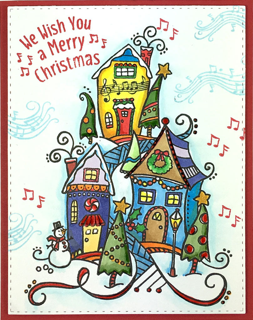 This whimsical stamp village makes a beautiful holiday card.  You will have so much fun coloring all the little details.  Made by Dare 2B Artzy. 