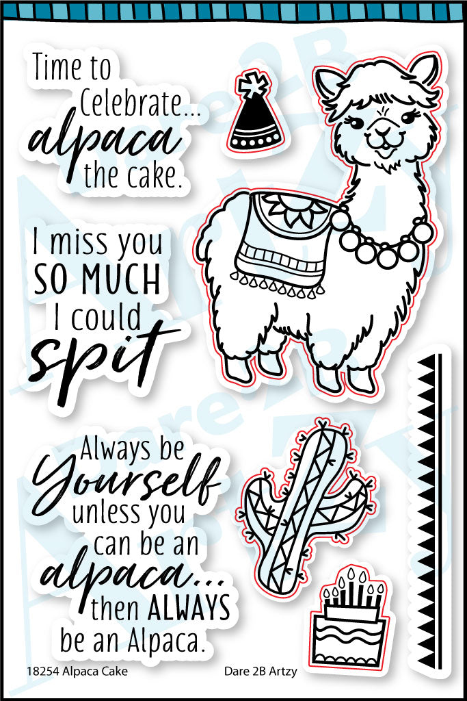 Brighten someone's day with this whimsical alpaca clear stamp set.  We have included three silly sentiments, a hat, cake, cactus and fun border for your card. By Dare 2B Artzy.